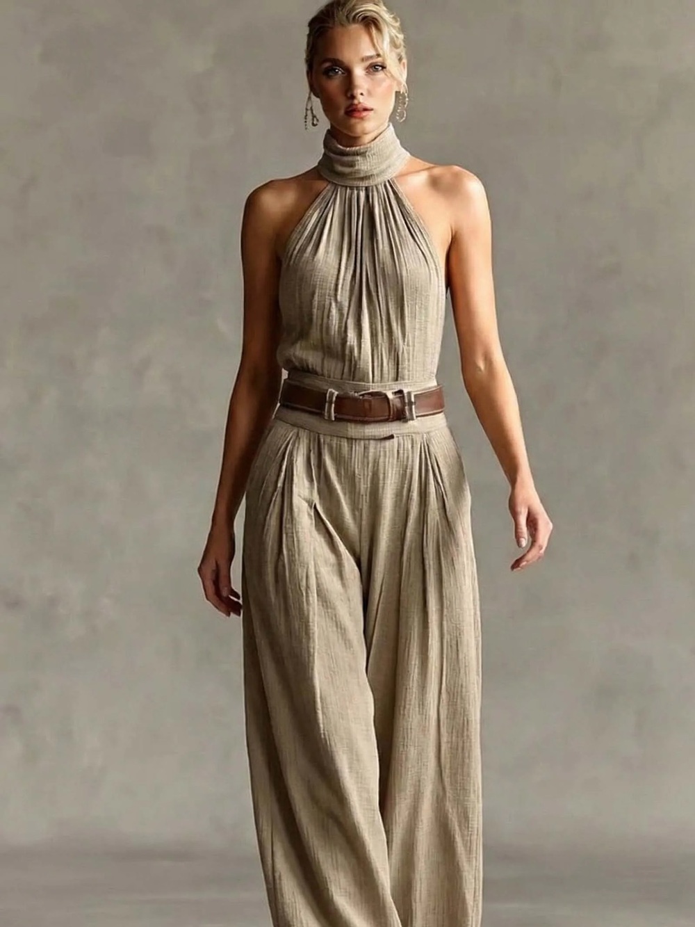 Carven Paris light Khaki Halter Jumpsuit waist tie linen chic scandi parisian sm